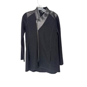 Eileen Fisher Petites Jacket Black Merino‎ Wool Leather Trim Dressy Small Petite